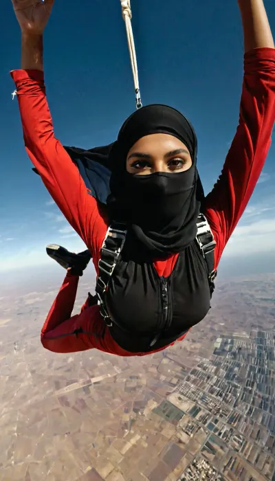 beautiful sexy athletic very junior 18 year old fitness model skydiving in Niqab, Saudi girl, no makeup, 3/4 view, pubic_hair, long legs, parachuting, skydiving, shot from below, eyes open looking at me, orgasmic sensual gaze at the camera, good hands, perfect fingers, (vagina), Musl1m, Pr1nc3ss, woman, scarf, blouse, mask, <lora:Muslim_Princess:.8>