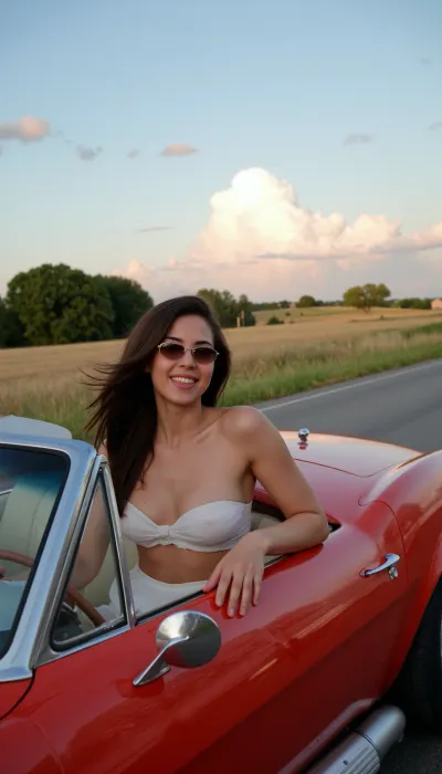 A stunningly beautiful mulatto woman, with her hair billowing in the wind, driving a sleek, red sports car convertible along a scenic highway. She is dressed in a chic, white summer dress that complements her sun-kissed skin and the gleaming chrome of the car. Her eyes are hidden behind a pair of stylish aviator sunglasses, and a wide smile graces her lips as she embraces the freedom of the open road. The car's top is down, revealing the luxurious leather seats and shiny dashboard, which reflect the bright blue sky above. The powerful engine purrs as the vehicle speeds through the landscape, surrounded by a blur of emerald-green trees and golden fields that stretch to the horizon. The asphalt beneath the car's gleaming tires stretches into the distance, inviting a sense of adventure and boundless possibilities. The wind plays with the fabric of the dress, creating a dynamic and playful silhouette as it clings to her body. In the background, a setting sun casts a warm, orange glow over the scene, painting the clouds with strokes of pink and purple. The beauty of the moment is accentuated by the stark contrast between the cool, metallic finish of the sports car and the vibrant, natural hues of the surrounding environment. The overall composition exudes an air of confidence, joy, and liberation, encapsulating the essence of an exhilarating journey filled with excitement and self-discovery.