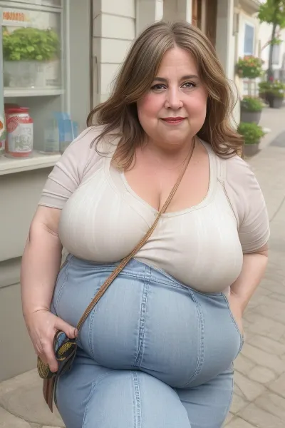 (obese:1.5), (mature:1.5), 50 year old mature woman, milf, RAW photo, subject, (high detailed skin:1.1), wrinkles, 8k uhd, soft lighting, light sleeveless spaghetti strap t-shirt, highwaist jeans, fupa, high quality, film grain, Fujifilm XT3, brunette hair, fair skin, full body portrait, (show full face), professional portrait, cleavage, (purse strap in between sagging breasts, strap connected to her purse), <lora:paislash-10:.5>, <lora:weight_slider_v2:.8>