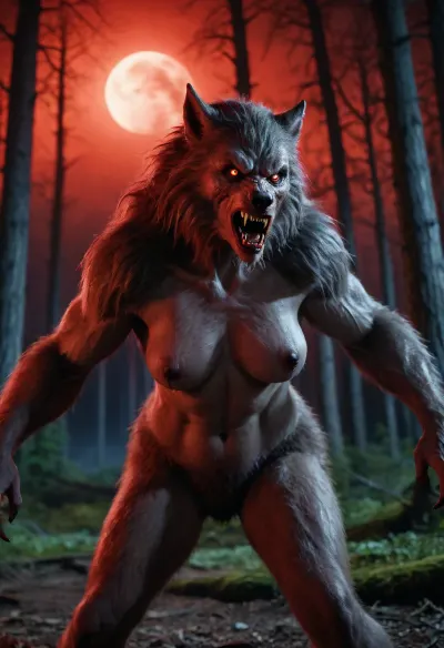 Highly detailed image, bright saturated colors, 8K quality, night forest, foll moon, ((Werewolf-woman)), massive big full saggy boobs, red eyes, growling, ready to attack the viewer, modern-werewolf, <lora:Modern_Werewolf:.8>