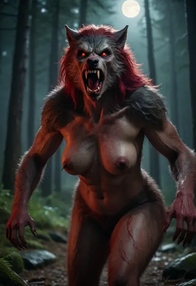 Highly detailed image, bright saturated colors, 8K quality, night forest, foll moon, ((Werewolf-woman)), massive big full saggy boobs, red eyes, growling, ready to attack the viewer, modern-werewolf, <lora:Modern_Werewolf:.8>
