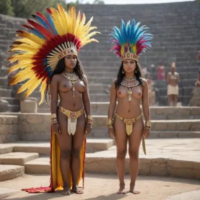 A slightly dark-skinned preColumbian priest and a slightly dark-skinned preColumbian priestess, both naked except for a headdress of brightly colored bird feathers, stand facing the viewer with their backs to a stone altar at the center of an outdoor amphitheater half filled with topless spectators in native dress. A large sacrificial knife with a curved gold blade rests on a near corner of the altar.