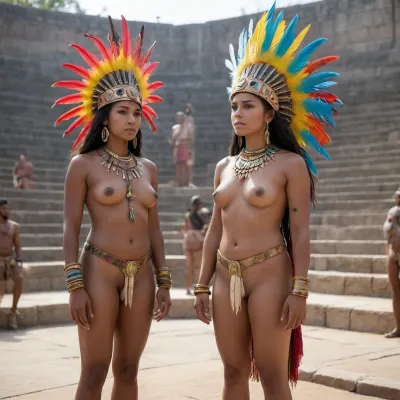 A slightly dark-skinned preColumbian priest and a slightly dark-skinned preColumbian priestess, both naked except for a headdress of brightly colored bird feathers, stand facing the viewer with their backs to a stone altar at the center of an outdoor amphitheater half filled with topless spectators in native dress. A large sacrificial knife with a curved gold blade rests on a near corner of the altar.