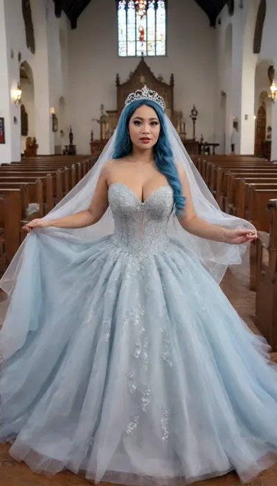 Full body, happy 28-year-old Filipina, wearing light blue wedding dress, blue hair, with makeup, curvy, church, ba11g0wn, <lora:Ballgown_2.0:.8>, puffy, nipples, dark, ghost, wide, <lora:Nipples XL:.8>