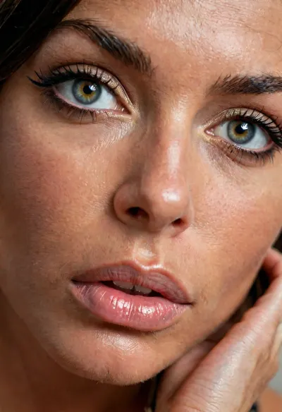 45 years old milf, skinny body, sinewy body, blonde mohawk updo hair, long legs, presenting feet in sexy barefootsandals, sexy jewelry harness, (small pointy breasts:.5), fit, StokeRealV1, laurenceferrari, BadX, fluxenh4nce, dark, skin, <lora:Midjourney Image Enhancer XL v1:1>, <lora:cfg_scale_boost:1>, <lora:FLUXEnh4nce:.8>, <lora:Darker_skin_SDXL:1>