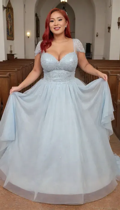 Full body, happy 28-year-old Filipina, wearing light blue wedding dress, red hair, with makeup, curvy, church, ba11g0wn, <lora:Ballgown_2.0:.8>, puffy, nipples, dark, ghost, wide, <lora:Nipples XL:.8>, relaxed, mini, dress, <lora:BT_Relaxed_Mini_Dress_XL:.8>
