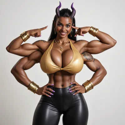 half body portrait, (naked), skinny tall Futanari, with black-brown skin and four arms, 28 years old, very tall, muscled triangular-bodyshape, hands on hips, confident dimple smirk, (huge futa-cock and testicles), full round hyper boobs, (hyper cleavage:1), hyper shoulders, (black brown skin, tattoos on torso, long elven ears, tiny demonic horns), emphasize her four arms, (Her purple eyes shine friendly), her supermodel face has high cheekbones and perfect dark skin., (she has long purple-black hair), Golden earrings, golden necklace, golden bracers., (clad in skintight crop-top), . bushy pubes, High detail, ultra detailed, 8k, professional photo, dynamic pose, (4 arms:1.3)