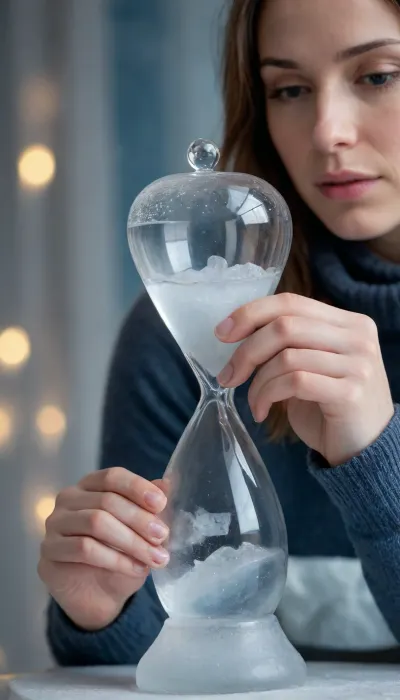 A close-up, hyperrealistic rendering of a meticulously crafted ice clock held delicately in the hands of a young woman of Sweden descent, aged between 25-30. Her skin possesses a warm, porcelain-like quality, illuminated by soft, diffused light. Her expression is one of serene contemplation, her slightly downturned eyes hinting at a pensive mood. Her fingers, slender and elegant, gently cradle the intricate ice sculpture, its crystalline structure sparkling with inner light. The ice antique hourglass itself is a marvel of frozen artistry, a complex design of swirling patterns and delicate, translucent formations, showcasing a gradient of blues and icy whites. The background is subtly blurred, showcasing a bokeh effect suggesting a dimly lit, intimate setting. The woman wears a simple, charcoal grey cashmere sweater, its soft texture contrasting with the cold, hard ice. The overall composition is balanced, employing a shallow depth of field, focusing intensely on the ice clock and the woman's hands. The color palette is cool and calming, dominated by blues, whites, and greys, accentuating the coldness and fragility of the ice. The mood is contemplative, melancholic yet beautiful, evocative of winter's quiet stillness. The style draws inspiration from contemporary fine art photography and hyperrealism, focusing on intricate detail and textural contrast. Wide-angle lens perspective, 85mm lens, cinematic lighting.
