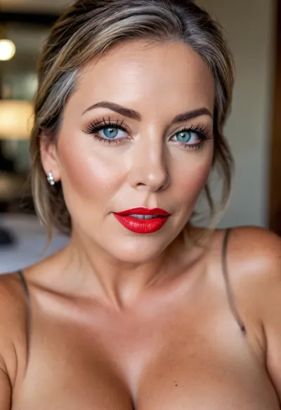 (obese), (mature:1.5), 60 years old chubby gilf, chavette, naked, tanned skin, straight silky brunette hair with highlights parted in the middle, voluptous, (chubby mature face), glamour, cinematic, hyperrealistic, 5k, best quality, (8k, RAW Photo, Highest Quality), (Epic Realism), Hyper Realistic, (Detailed Eyes), (Superior Quality), Intricate Detail, Cinematic, plump lips, contouring makeup, smokey eyes, fake lashes, juicy lips, red lipstick, Detailed, (film grain length, 135mm, f/2.8, DoF, bokeh, focus on face, ultra-detailed skin, wrinkles, perfect bright eyes, skin pores, prominent limbal ring, high-contrast eyes, finely detailed features), (mouth open wide), smiling, epiCNegative, suntanned skin, StokeRealV1, laurenceferrari, photo, in, phst, artstyle, fluxenh4nce, BadX, wrinkles, <lora:SDXL1.0_Essenz-series-by-AI_Characters_Style_BetterPhotography-v1.2-'Skynet':.8>, <lora:Midjourney Image Enhancer XL v1:1>, <lora:FLUXEnh4nce:.8>, <lora:attractive_notrigger:.8>