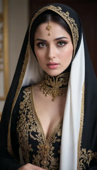 a woman dressed in a traditional Islamic outfit, adorned with a black hijab and a black abaya. The woman's dress is adorned with gold embroidery, adding a touch of luxury to her outfit. The backdrop is a stark white wall, creating a stark contrast to the woman's outfit. Face Detail, Enhanced Beauty, unhappy, Realistic Model, Angry Face, Hot Body, Sexy Body, Man, Attractive, Handsome Boy, Enhanced all details, Extremely Beautiful, Gorgeous, Pretty Face, Attractive Figure, Mystical Beauty, Sexy Anime Girl, Hot Anime, Hot body, Attractive Body