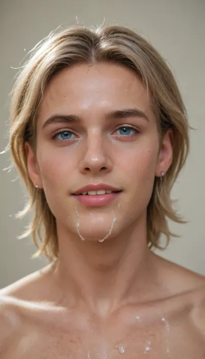 a smiling blonde man with cum on his face, <lora:Men'sFacialV3.8:.5>, all body