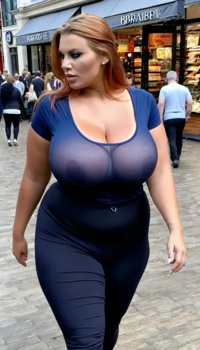 wide shot, high angle, 3/4 view, Ultra realistic, realistic skin details, soft smooth skin, 18 yo. swedish, very tan, eye liner, walking at an outdoor mall in hazy london, xxl sagging long full boobs, huge boobs, maximum cleavage, wearing a dark blue top, thin top, high waisted black pants on and buttoned, reddish-blonde hair, looking away, averted gaze, jewelry, pudgy tummy, ((fully dressed:1.2)), braless, Wearing, clothes, that, make, sense, with, Braless>, <lora:clothed_small:1.1>, <lora:bralessSDXL_v1_00022:.7>