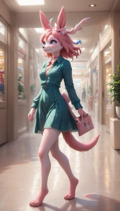 ((Female Sylveon, furry:1)), high detailed clothing, detailed body and facial features, having fun shopping at an empty mall, walking around, smiling, tall, long legs, wearing a green plaid skirt and button up shirt, (she has a pink choker with a bow), top is midway unbuttoned, blue lace bra, petite tits. Side view.
