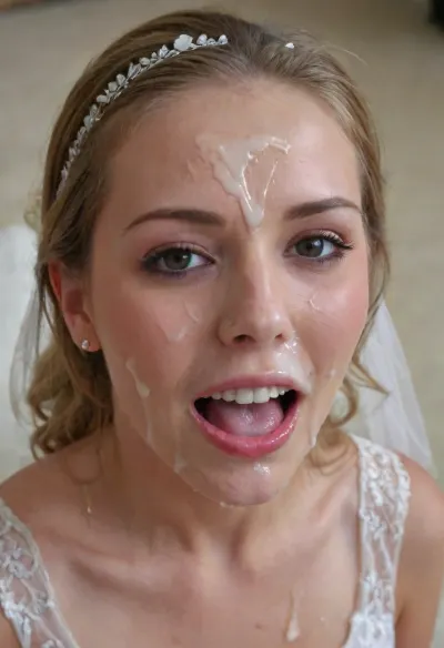 3/4 body shot of happy woman wearing wedding dress with cum on her forehead, facial, <lora:Facials:.5>, open mouth, (cum in mouth:1.3), <lora:JustCum:.5>