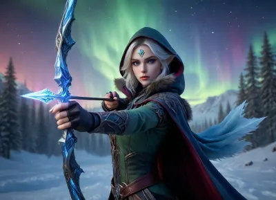 Siberian dark elf to night, blue eyes, under aurora borealis. Dynamic pose, focused expression, scarlet fur-lined parka, midnight-blue breeches, (ice bow), . Hyperrealistic style, Art Nouveau, wide angle, sharp focus, blurred background. Emerald, sapphire, amethyst aurora. Magical adventure, serene power., Aiming, a, Bow, <lora:XL_Weapon_Bow_-_By_HailoKnight:.8>