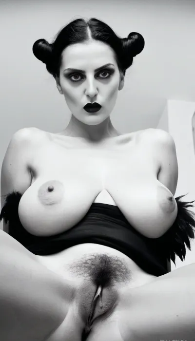 very Helmut Newton style, black and white, mature, very hairy pussy, saggy tits, beautiful face, bold lips, beautiful eyes, artistic, surreal, minotaurs beast, mythology, dreamy, falus, <lora:CinematicStyle_v1:.8>