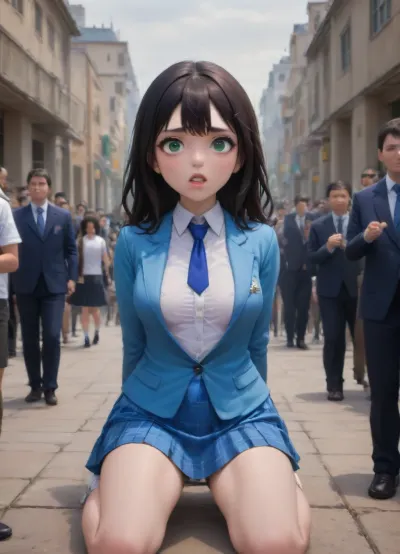 cute anime schoolgirl, (slightly wavy long black hair, large green eyes, cherry-red lips, slightly asian slavic face, very cute, (highly detailed hair, highly detailed eyes), pale skin, sporty, supermodel lookalike, (torpedo tits, medium pointed breasts:1.3), (conical breasts protrude forward really hard), smooth knees, long slender legs), (highly detailed hair, highly detailed eyes), (anime drawing:1.6), (artwork, digital painting, flat colors), (well-dressed, elite school uniform, white button-up shirt, light-blue blazer, blue tie, tartan super short miniskirt, white sneakers), (((teacher mouthfucks lewdly looking kneeling beautiful hot Japanese anime person in a crowd of her classmates))), шт classroom, (anime reality background:1.5), cruelly facefucked, ((deepthroat))