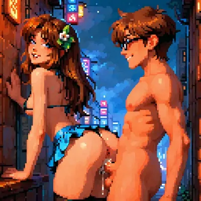 Stylized pixel art, ((tekuho, ass, doggystyle, vaginal penetration, creampie)), bratty eighteen year old tight bodied girl, toned fit gym body, thick thighs, wide hips, pert round ass, toned stomach, small breasts, with long brown hair, wearing black glasses and a tiny crop top and string thong. She has a playful, cheeky expression, smirking flirtatiously, standing in a, (futuristic city alleyway, at night, lit by, neon light, refelections, rtx), her hands are against the wall and she is being, (fucked from behind by a man), . Vaginal penetration. Her outfit includes knee-high, micro bikini, micro skirt, thigh-high stockings. Retro anime pixel aesthetic, soft halftone shading, vibrant colours, black background, cute and energetic pose — 16-bit inspired sprite style., hannahowo, hannahowoxl, b3ll3, 1girl, long, hair, brown, eyes, breasts, pixel, art, <lora:hannahowo-2e:1>, <lora:HannahXL:1>, <lora:Belle_Delphine:1.5>, <lora:pixel_stormXL:2>, <lora:outline_xl_kohaku_delta_spv5x:1.9>
