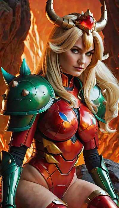 A high-resolution, richly detailed 2D digital illustration of Samus Aran reimagined as Bowser’s evil queen in a vibrant, colorful fantasy setting. Samus has a dark, regal look, wearing a corrupted version of her iconic Power Suit fused with elements of Bowser's aesthetic — molten gold and lava-red armor plating, sharp dragon-like spikes on her shoulders and gauntlets, and a reptilian shell integrated into her backplate. Her helmet is off, revealing long, flowing platinum-blonde hair with streaks of fiery orange, cascading like flames.

Her makeup is bold and villainous, smoky, emerald-green eyeshadow, black eyeliner with exaggerated wings, and deep crimson lipstick. Her expression is one of cruel elegance, with a slight smirk and piercing gaze. She wears a crown inspired by Bowser’s — blackened gold with ruby horns. Her outfit combines armor with dark royalty — torn royal capes, flame-patterned bodysuit details, clawed high heels, and spiked bracelets.

Beside her, Bowser looms large and proud, doting on his queen. He is lovingly feeding her oversized glowing mushrooms with a wicked grin. The mushrooms radiate strange magical energy — neon pinks, greens, and blues. Samus is seated on a massive throne made of bones, gold, and lava rock, leaning back confidently, one leg crossed, as she takes a bite of a glowing mushroom with a dark glint in her eye.

The background is a sinister, fantastical version of Bowser’s Castle, lava rivers, dark towers, fire-lit skies, and Mario-esque enemies lurking in the shadows. The entire scene is illustrated in a highly detailed, bold, and colorful 2D art style — reminiscent of modern fantasy concept art mixed with comic book aesthetics. Vivid contrast, glowing effects, and painterly shadows bring the characters and environment to life.

--vibrant lighting, high contrast, 2D digital painting, colorful palette, dark fantasy, villain aesthetic, concept art style, detailed linework, expressive poses, dramatic shading--, <lora:breasts-sdxl:.8>