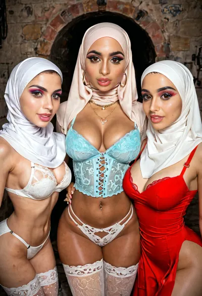 (Group of Arabic slaves:1.4), perfect big brown eyes, super sexy hourglass body, medium breasts, sexy makeup, eyeshadow, lots of eyeliner, dungeon jail, red sexy lace strapped boobs, cleavage, (hijab), (burka), handcuffed, stockings, EXOTIC, big fake lips, small waist, big butt, curvy, thin waist, igbebe, <lora:MJ52:.8>, <lora:Rawfully Stylish v0.2_epoch_20:.8>, <lora:IG_Babe:.5>