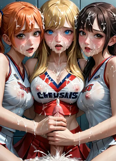 masterpiece, best quality, highly detailed, (anime:1.2), BREAK, (standing futa masturbation pov view from above, pov hands on viewer's cock:1), (gangbang, 6 futas masturbating while standing around 3 girls, the futas' cumming cocks resting on the 3 girls heads:1.3), (close up on 3 girls hugging each other while getting facialized by thick cumshots:1.4), ((3 gorgeous 25 year old white cheerleaders, a blonde, brunette and an orange haired girl are sitting together on the floor in a locker room crowded with futa cheerleaders, girls are completely surrounded by futa cheerleaders, the 3 girls are hugging each other)), (really nervous and embarrassed, blushing, scared, cock awe), (Each girl has different colored hair and eyes, blonde girl has blue eyes while the brunette girl has green eyes and the orange haired girl has brown eyes:1.3), natural b cup tits, perfect nipples, slim, athletic, gymnast body, (red cheerleader skirt:1), (red cheerleader top pulled up revealing breasts, flashing breasts, boobs out:1.1), no panties, pussy, (bukkake, gangbang, multiple large erect cocks touching girls' faces and hair, futanari cheerleaders masturbating by stroking their cocks as the girls help them by giving the futas handjobs, ejaculation, futas' cocks ejaculate shooting multiple massive cumshots everywhere hitting girls' faces and hair, cum on face, cum in hair, cum covered clothes, excessive cum:1.4), handjob, (((drenched in excessive cum))), <lora:Animated_Concept:1>