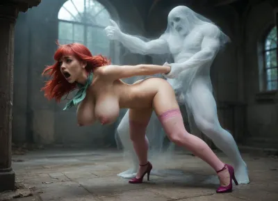 (scene of a terrified, screaming woman, bent over, arched back, arms held behind her back, getting fucked doggystyle by a ghost, in a deserted abandoned mansion), (25 years old, Caucasian, ((long bright red hair, bangs)), large breasts, DD cup breasts, ((jiggling, swinging breasts)), naked, ((ripped pink stockings, purple high heels, light green neckerchief)), ((ghosts)), ((cock in vagina)), ((buried balls deep)), vagina visible, screaming, rough sex), k5t13b5nks, 1woman, <lora:576533_training_data:.8>, <lora:Aether_Ghost_v1.1_LoRA:.8>