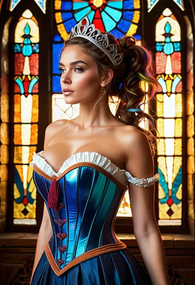 A fallen soul, symmetrical realistic face, torn clothes, warm and cheerful atmosphere, medieval castle, Vitrage windows, multicolored visible rays, ((((obliquely falling visible multicolored rays of light falling from multicolored stained glass windows, haze, multicolored light reflections, (dark fantasy:1.4), (nude:1.4), bobcut curled messy hair, epic realistic, (a lot of jewelry:1), (detailed vagina:1.4), (breast), slim body, (intricate details:.9), (hyperdetailed:1.2), (neutral colors:1.2), hyperdetailed, (artstation:1.4), bright lights, neon light, (intricate details:1.2), egypt, flat_chest, _breasts, nat, p4dme, woman, long, wavy, hair, blue, night, garb, white, uniform, chignon, coat, naboo, corset, braid, ponytail, tiara))))