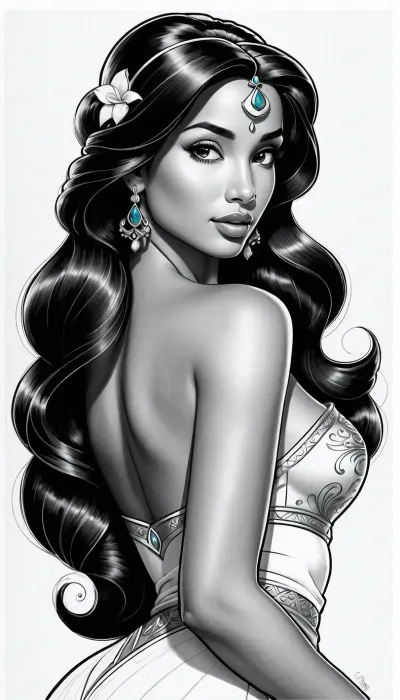 A black and white line art illustration depicts a Disney princess Jasmine with exposed small breasts against a plain white background. The drawing features thick, clean outlines and simple shapes in a manga-inspired style. The princess's facial features are delicate and soft, rendered with detailed pencil linework and gentle shading techniques. The artwork appears on a white paper surface with precise, monochromatic greyscale tones throughout the composition. Traditional pencil sketch with clean linework and minimalist monochrome shading., <lora:195794_training_data:.5>