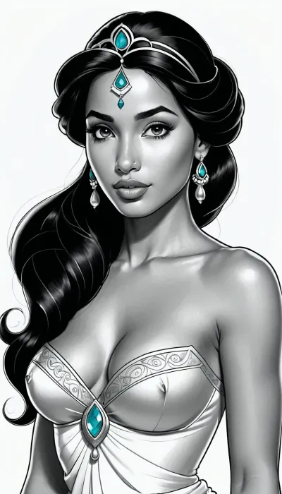 A black and white line art illustration depicts a Disney princess Jasmine with exposed small breasts against a plain white background. The drawing features thick, clean outlines and simple shapes in a manga-inspired style. The princess's facial features are delicate and soft, rendered with detailed pencil linework and gentle shading techniques. The artwork appears on a white paper surface with precise, monochromatic greyscale tones throughout the composition. Traditional pencil sketch with clean linework and minimalist monochrome shading., <lora:195794_training_data:.5>