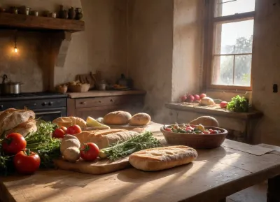 Big old kitchen table full of vegetables and fresh made bread, on the background rustic italian kitchen, god, rays, sunbeams, sunbeam, <lora:polyhedron_god rays-000007:1.1>