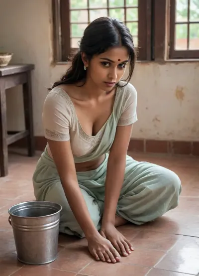 1girl, (Stunning Indian woman:1.6), beautiful dusky-skinned Indian domestic worker, deep black eyes, sharp nose, full lips, long messy black hair tied loosely, light sheen of sweat on her skin, wearing an old thin cotton saree with pallu tucked at waist, low-cut blouse revealing deep cleavage, large round breasts, toned arms, wide hips, round butt, bending on her knees and hands, wiping the floor with a wet cloth, bare feet, slightly arched back, blouse slipping off one shoulder, soft sunlight filtering through window, rustic tiled floor, metal bucket nearby, faint temple music in background, natural light and shadows, morning atmosphere, candid voyeur-style angle from behind and side, realistic textures and skin tones, slight grain and motion blur for realism, <lora:add-detail-xl:.8>