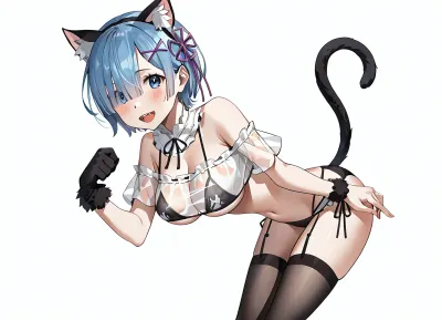 (re, zero_kara_hajimeru_isekai_seikatsu), (rem_, (re, zero)), 1girl animal_ears animal_hands bare_shoulders bikini black_bikini black_shirt black_tail black_thighhighs blue_eyes blue_hair breasts cat_ears cat_tail character_name cross-laced_clothes fake_animal_ears fake_tail flower_knot gloves hair_ornament hair_over_one_eye hands_up large_breasts looking_at_viewer navel off-shoulder_shirt off_shoulder open_mouth paw_gloves paw_print see-through_clothes see-through_shirt shirt short_hair solo strapless strapless_bikini string_bikini swimsuit tail teeth thighhighs thighs underboob upper_teeth_only x_hair_ornament, (<lora:OIS Gold Fish Style LoRA_SeaArt Furry XL 1.0:1.4>)