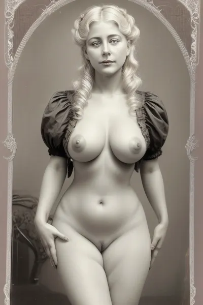 beautiful sexy voluptuous 40 year old blonde woman, posing naked, makeup, standing, (vagina), (shaved pussy), (19th century vintage victorian photograph), colorless, (best quality, ultra-detailed, fine detail, highres, 8k wallpaper:.25), masterpiece, <lora:add_detail:.8>