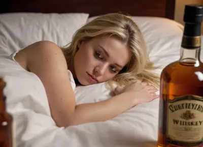 photorealistic, beautiful blonde girl, in bed, sleeping, (hugging a huge bottle of whiskey)