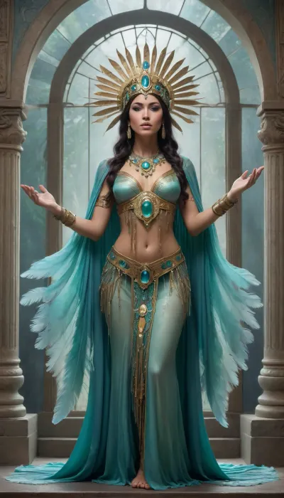 A young, dark-haired Aztec priestess, approximately 20 years old, with olive skin and piercing dark eyes, stands in a whimsical Art Nouveau crystal temple. Her pose is dynamic, hands outstretched towards a shimmering, multifaceted crystal altar, body slightly arched, conveying a sense of fervent prayer. She wears a flowing, turquoise and emerald green huipil adorned with intricate gold embroidery depicting stylized rain gods, complemented by a feathered headdress of vibrant blues and greens, reflecting the temple's crystalline hues. Her expression is one of intense concentration, a slight furrow in her brow conveying the weight of her ritual. The temple itself is composed of colossal, translucent amethyst and quartz crystals, forming soaring, organic arches and intricate latticework. Watercolor washes of soft blues and violets fill the spaces between the crystals, creating an ethereal ambiance. The light filters through the crystal walls, casting iridescent, prismatic glows across the priestess and the altar. The scene is rendered in a whimsical Art Nouveau style, with flowing lines and decorative elements, emphasizing organic forms and elegant curves. The perspective is slightly low-angle, emphasizing the priestess’s stature and the grandeur of the temple. The overall mood is one of serene mysticism, a blend of spiritual intensity and delicate beauty. The texture of the crystals is smooth and glassy, contrasting with the soft, flowing texture of the priestess's clothing and feathers. Background elements include swirling mists and stylized rain clouds rendered in delicate watercolor washes, echoing the ritual's purpose.