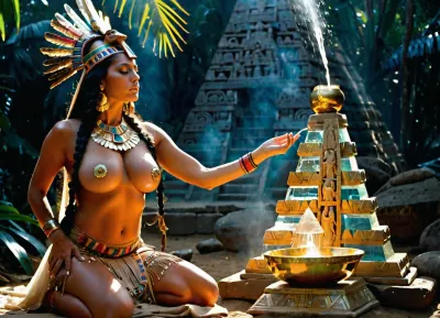 The jungles of South America, the huge, ((semi-transparent crystal)), pyramid of the Aztecs, a beautiful Aztec priestess, in traditional Aztec ritual costume, (breasts exposed:1.3), kneeling at the base of the pyramid, her back to the pyramid, ((holding a wide golden bowl of water above her head)), with incense burning on either side of the priestess.