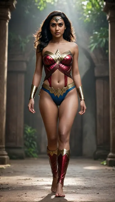 A Indian Kerala Woman, a naked super woman, wonderwoman, small boobs, full body view, naked, spreadlegs, perfectface, wetpussy, perfectpussy
