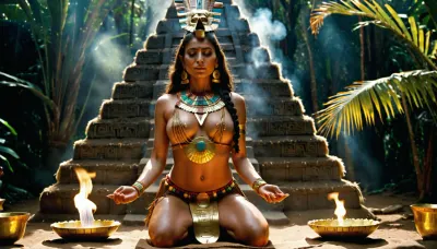 The jungles of South America, the crystal pyramid of the Aztecs, a beautiful Aztec priestess, in traditional Aztec ritual costume, her breasts exposed, kneeling at the base of the pyramid, her back to the pyramid, holding a wide golden bowl of water above her head, with incense burning on either side of the priestess.