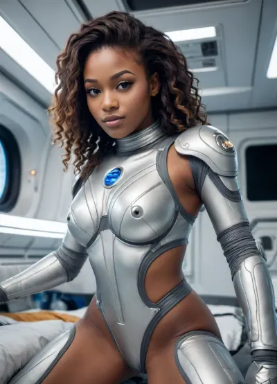 Image is of beautiful ebony 21 year old woman posing in a revealing spacesuit, floating in zero gravity, huge natural breasts with realistic sag, long dark nipples, pretty face, 3/4 view, good hands, perfect fingers, proportional, setting is a sci fi space station bedroom, braided hair, hairy pussy, ektachrome, NEGATIVE_HANDS, <lora:681678_training_data:.8>