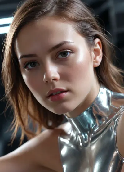 Cinematic close-up, liquid metal young woman transforming dynamically, morphing from a flexible, stretching gel into a solid transparent crystal, hyper-realistic lighting, glowing electric pulses inside the material, stunning macro details, futuristic sci-fi feel, volumetric shadows, ultra-HD CGI, photorealistic reflections, high-end cinematic quality., [Truck left, Pan right, Tracking shot]