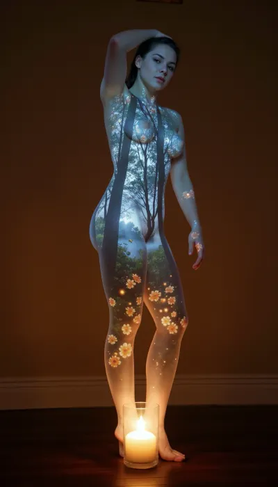 A woman standing gracefully, her curves outlined by soft rim lighting. Her body is a canvas of double exposure — within her silhouette, a dreamy alternate scene unfolds, a moonlit forest with glowing flowers, drifting mist, and fireflies. Outside, warm candlelight dances across her skin, highlighting every detail. Ethereal, slow, dreamlike — surreal contrast between outer sensuality and inner mystery., (glass-scuplture:1.4), (doubled-exposure:1.5), double, exposure, translucent, transparent, <lora:Colorful_Glas_Statues_FLUX_Ethanar:.8>, <lora:AS_v3:.8>