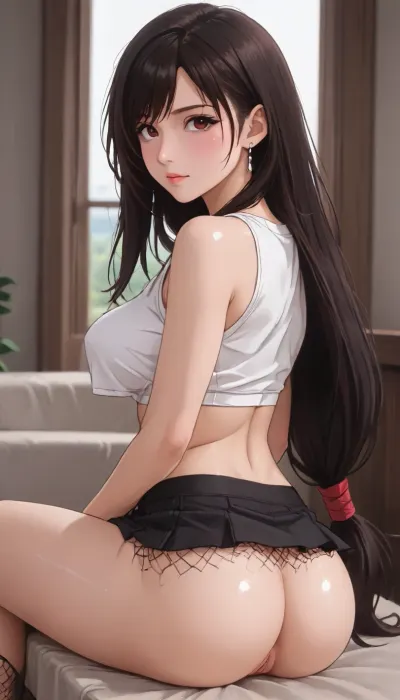 ai_generated, (Tifa Lockhart, pretty face, crop top, fishnet under shirt, mini skirt, long hair), large_breast, showing_back, ass, sitting, ((facing her back to viewer)), Sexy Girl, (Shiny Skin), ((perfect pussy)), ((Hentai)), <lora:outline_xl_kohaku_delta_spv5x:.7>, <lora:NEOTOKIOXL_0.2_RC:.7>, <lora:Ppolar-P3v1-NbVp10:1.3>, <lora:cartoon_stickers_xl_v1:.8>, <lora:EnvyCuteXL04:1.5>