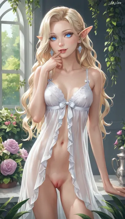 negligee, wedding dress, (skinny:1), shaved pussy, elven ears, Stunning skinny elven Women with super long blonde fluffy Hair, 20 years old, smileing, small boobs, white taint, blue eyes, 8K, highest quality, super detailed images, fine details, high resolution, staying in a beautiful garden