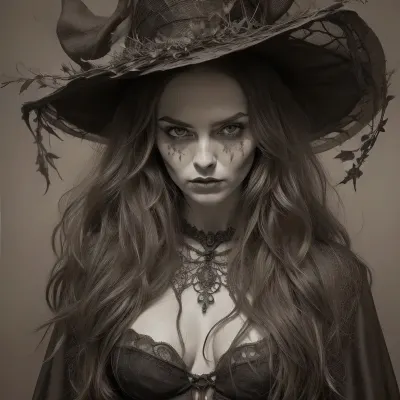 A detailed, sepia-toned Gothic-style drawing. It depicts a toplees witch with long, wavy hair, wearing a pointed, leaf-decorated hat and a tattered cloak. Her face is painted grotesque. Surrounding her are skulls, bats, and twisting, thorny vines, creating a macabre, eerie atmosphere. The background is densely filled with intricate, organic patterns. Dark, mystical atmosphere. topless. #©KITTYART

























#©KITTYART