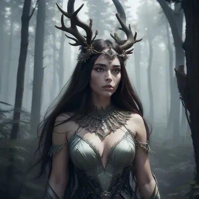 This digital artwork features a majestic women with imposing antlers set against a twilight forest. The use of cool, muted tones and soft light creates a serene, mystical atmosphere. The smooth, stylized trees, suggesting a blend of realism and fantasy. The composition evokes a sense of tranquility and otherworldliness. #©KITTYART



































#©KITTYART