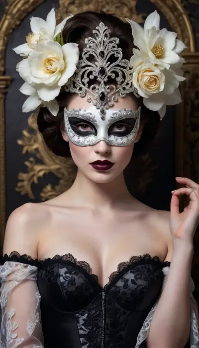 A illustration in bright pastels of a woman with an elaborate, gothic-inspired theme. She is shown from the shoulders up, with her face partially obscured by an ornate masquerade mask. The mask is highly detailed, featuring intricate, symmetrical designs with floral and baroque patterns, giving it a baroque and gothic feel. The woman's lips are painted a deep, dark color, matching the monochrome aesthetic of the image. Her hair is styled in an elegant updo, adorned with a crown of large, artificial white flowers, adding a touch of contrast and softness to the otherwise dark and dramatic scene. The background is a richly textured floral pattern, enhancing the baroque theme of the mask and flowers. The lighting is soft yet focused, highlighting the contours of her face and the textures of the mask and flowers, creating a dramatic and mysterious atmosphere. The overall composition is striking, with a strong contrast between the dark elements of the mask and lips and the lighter, softer elements of the flowers and background. The photograph captures a blend of elegance and gothic mystery, making it a captivating and visually rich image. elegant woman, baroque masquerade mask, intricate silver design, large ornate eyes, floral headpiece with white flowers, dark lipstick, bare shoulders, smooth skin, high contrast, detailed textures, vintage floral wallpaper background, dramatic lighting, mysterious and alluring, Renaissance-inspired, gothic and romantic, high fashion, classic beauty, soft shadows, sophisticated, timeless, artistic, portrait, close-up, fine art photography, fine details, delicate and strong features, enigmatic expression, luxurious, historical elegance, baroque style, beautiful composition, dark and light contrast, ethereal, captivating, elegant beauty, #©KITTYART