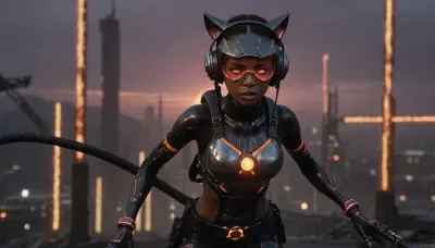 beautiful sexy 24 year old African girl wearing a metal exoskeleton, futuristic technology, pink glow, black girl, ebony girl, model, flat chested, petite body, dystopian, wearing cat ear headphones, tactical gear, tactical boots, wearing a holographic vr headset over her eyes, sunrise in the background, running makeup, face paint under eyes, raining, overcast weather, orange glowing body markings, emo, goth, horror, alien markings all over her body, on a battlefiled, black hair, ponytail, round innocent face, ultra high definition, ruanyi0300, assault, rifle, belt, gloves, goggles, holding, weapon, m4, carbine, mecha, gun, matwaretech, scifi, pixelated, malware, glitch, SentinelsMatrix1024, robot, spider, <lora:SentinelsMatrix1024:.8>