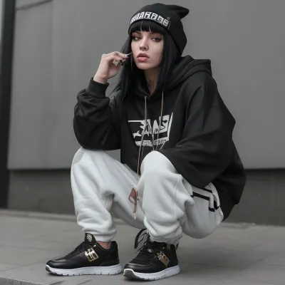 Junge, attraktive Rapperin mit langen schwarzen Haaren, trägt eine glänzende goldene Kapuzenjacke, schwarze Jogginghose und weiße Sneaker, urbaner Young, attractive female rapper with long black hair, wearing a shiny gold hoodie, black sweatpants, and white sneakers, urban street style, confident pose, modern backdrop, hip-hop vibe, realistic, studio quality, strong facial expression, minimalist environment, selbstbewusste Pose, moderne Kulisse, Hip-Hop-Vibe, realistisch, Studioqualität, starker Gesichtsausdruck, minimalistische Umgebung