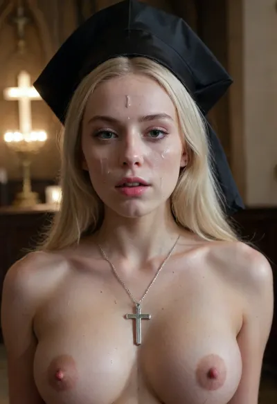 blonde woman, (20yo:1), very warm side light, photo of a nude young nun, (cum on face:1.5), (cum on breast:1.5), necklace with cross, (black nun's cap), in dark church, chandeliers, contrast, chiaroscuro, <lora:JustCum:.9>