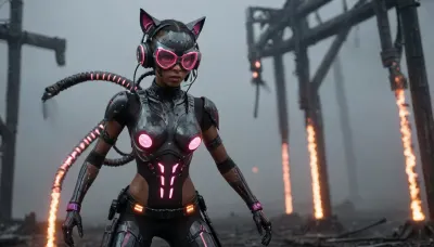 beautiful sexy 24 year old African girl wearing a metal exoskeleton, futuristic technology, pink glow, black girl, ebony girl, model, flat chested, petite body, dystopian, wearing cat ear headphones, tactical gear, tactical boots, wearing a holographic vr headset over her eyes, sunrise in the background, running makeup, face paint under eyes, raining, overcast weather, orange glowing body markings, emo, goth, horror, alien markings all over her body, on a battlefiled, black hair, ponytail, round innocent face, ultra high definition, ruanyi0300, assault, rifle, belt, gloves, goggles, holding, weapon, m4, carbine, mecha, gun, matwaretech, scifi, pixelated, malware, glitch, SentinelsMatrix1024, robot, spider, <lora:SentinelsMatrix1024:.8>